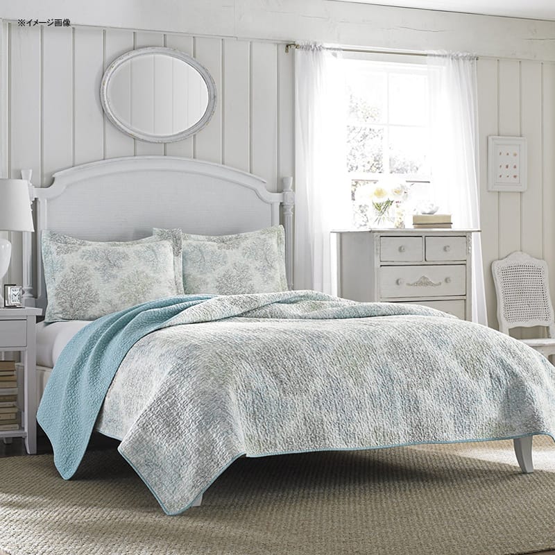 ローラアシュレイ キルト 枕カバーセット ブルーグレー 海 リバーシブル コットン ソルトウォーター Laura Ashley Saltwater Reversible Quilt Set Full/Queen