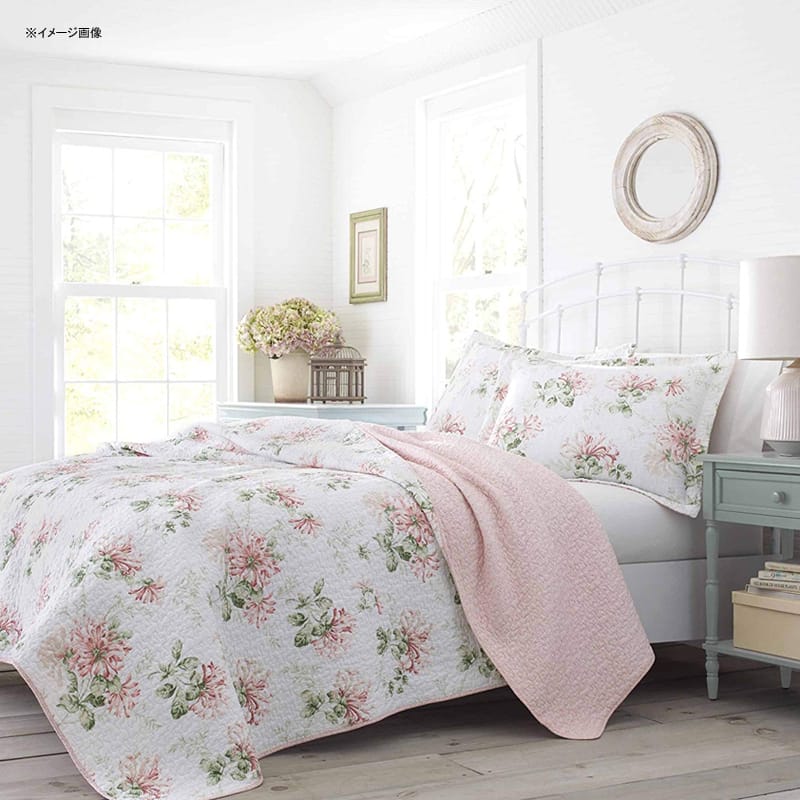 ローラアシュレイ コットン リバーシブル キルト 枕カバーセット ハニーサックル パステルピンク Laura Ashley Honeysuckle Quilt ...