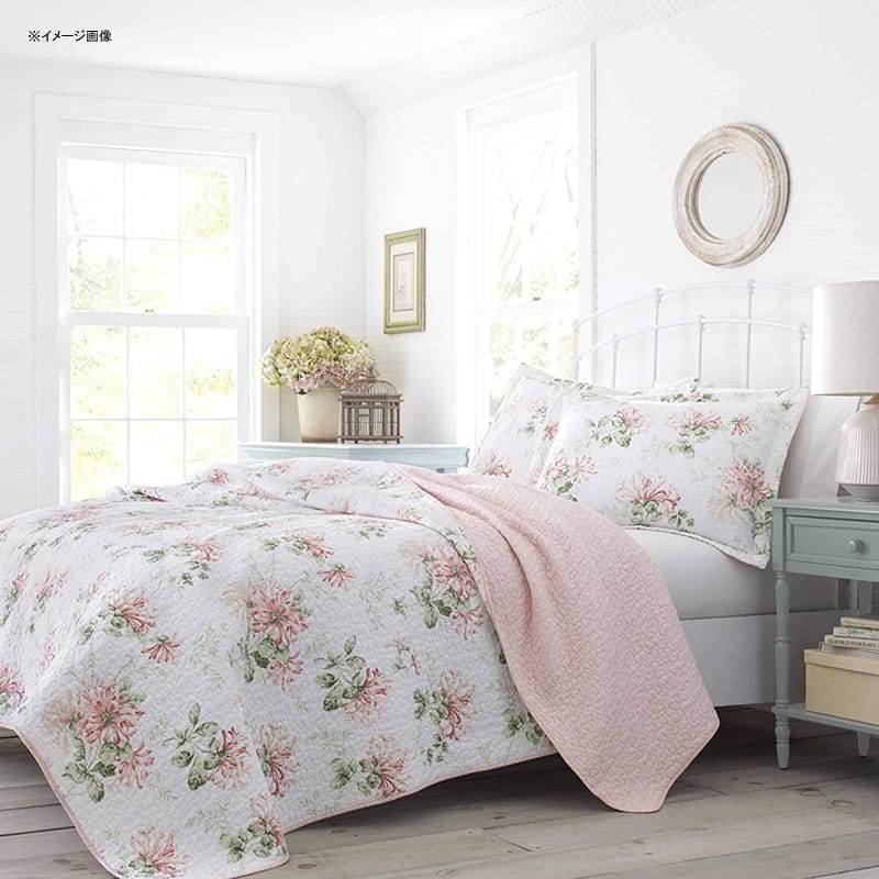 ローラアシュレイ コットン リバーシブル キルト 枕カバーセット ハニーサックル パステルピンク Laura Ashley Honeysuckle Quilt Set, Pastel Pink