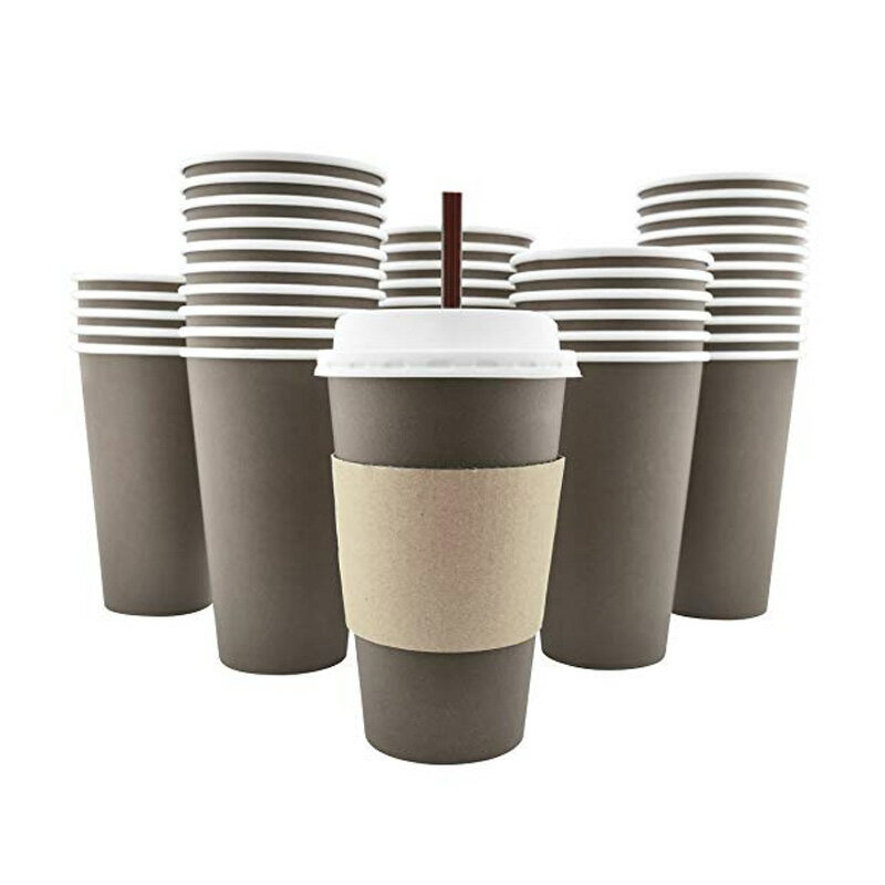 紙コップ コーヒーカップ 100個セット 470ml フタ スリーブ ストロー付 モカブラウン カフェ パーティー イベント 100 Pack - 16 Oz Disposable Hot Paper Coffee Cups, Lids, Sleeves, Stirring Straws Mocha Brown