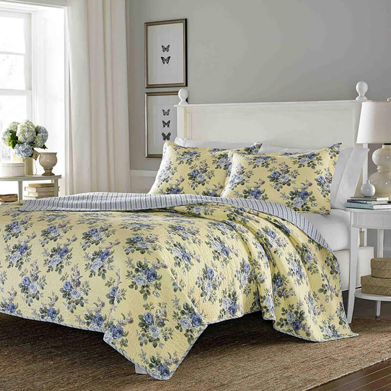 ローラアシュレイ キルト 枕カバーセット リバーシブル コットン 花柄 バラ ストライプ イエロー ブルー Laura Ashley Linley Quilt ...