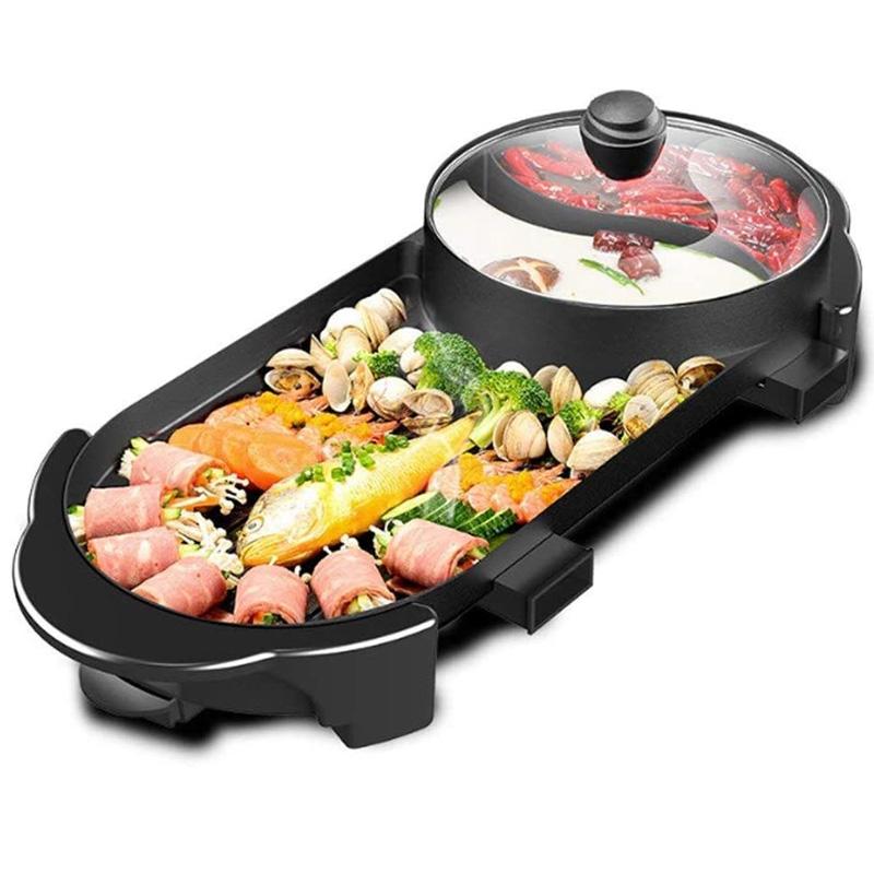 ホットプレート付 電気仕切り鍋 すき焼き 焼肉 SEAAN Electric Grill Indoor Hot Pot Multifunctional, Indoor Teppanyaki Grill/Shabu Shabu Pot with Divider - Separate Dual Temperature Contral, Capacity for 2-12 People 家電