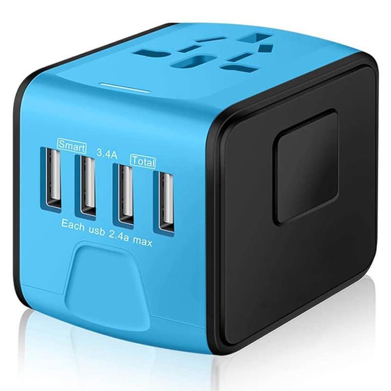 海外旅行用 変換プラグ パワーアダプター USBポート SAUNORCH Universal International Travel Power Adapter W/Smart High Speed 2.4A 4xUSB Wall Charger, European Adapter, Worldwide AC Outlet Plugs Adapters for Europe, UK, US, AU, Asia-Blue