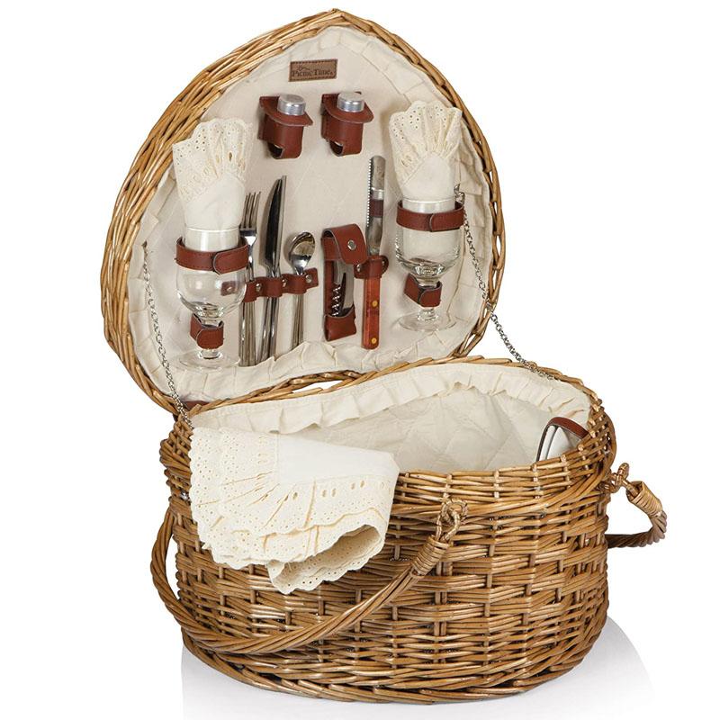 ピクニックバスケット 2人用 ハート形 Picnic Time 'Heart' Willow Picnic Basket with Deluxe Service..