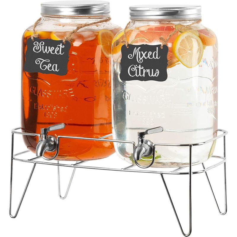 hNT[o[ hNfBXyT[ KX 7.5L 2Zbg XeX֌ {[h C[X^ht Xg JtF ze 2 Pack of Outdoor Glass Beverage Dispensers with Sturdy Metal Bases & Stainless Steel Spigots - 2 Gallon Drink Dispensers