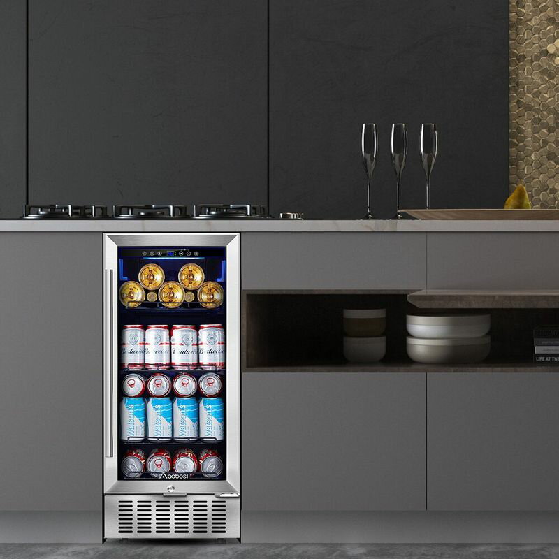 冷蔵庫 94缶 ビルトイン可 ステンレス ガラスドア 鍵付 AOBOSI 15 Inch Beverage Refrigerator, 94 Cans Built-In Beverage Cooler 家電