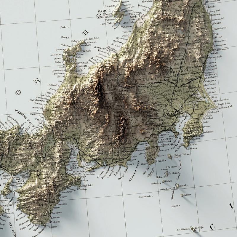 2D �ޥå� ���� �Ͽ� JAPAN - VINTAGE RELIEF MAP (1901)