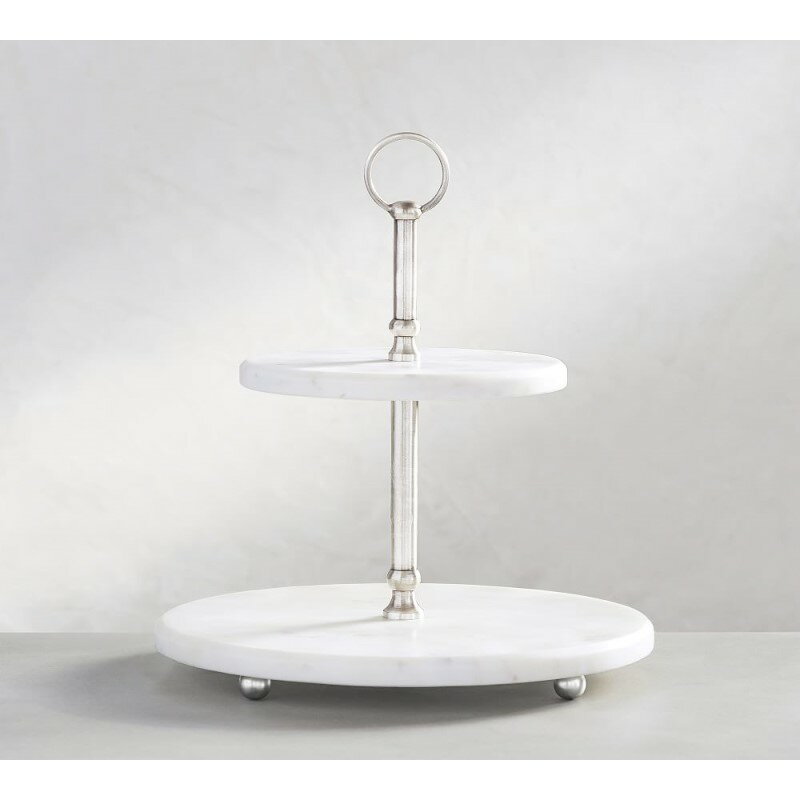 ケーキスタンド 2段 大理石 マーブル ディスプレイ White Marble Pewter Tiered Stand