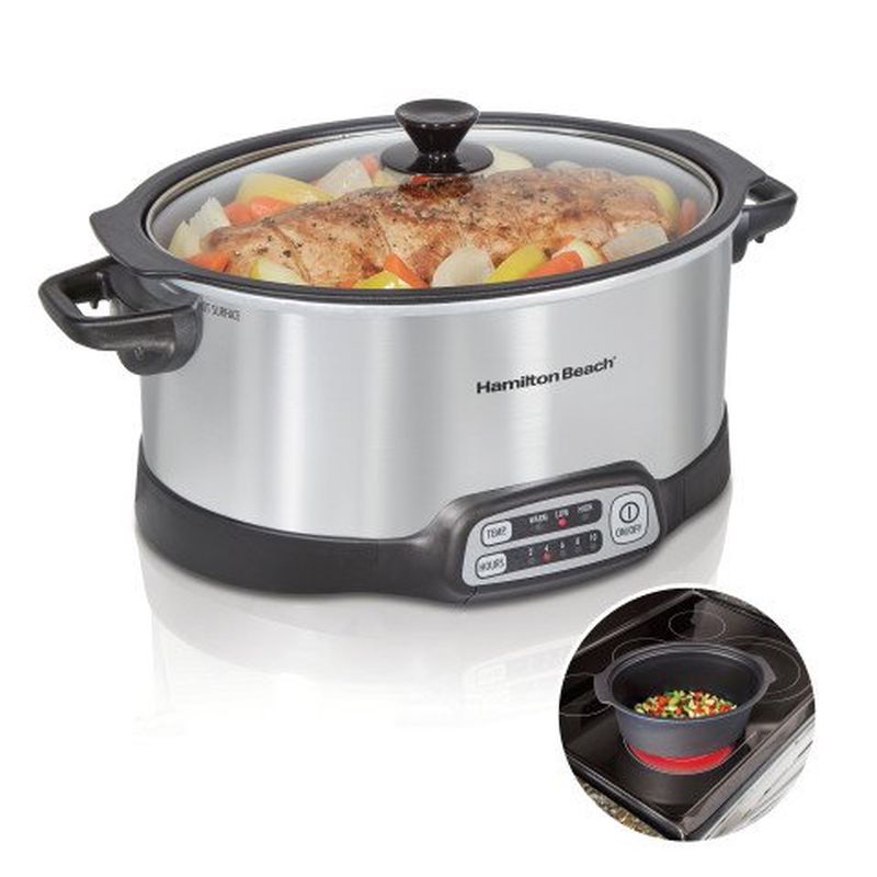 スロークッカー 直火可 アルミ グルメ鍋 5.6L ハミルトンビーチ Hamilton Beach Programmable Slow Cooker, Stovetop Sear & Cook, 6 Quarts, Silver (33662) 家電