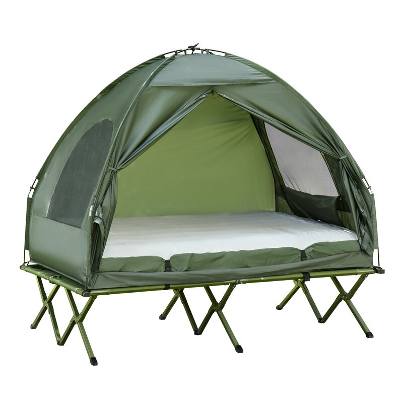 コット ポップアップ 高床式 テント ベッド カバー マットレス付 2名 150kgまで 耐水 グリーン Outsunny Compact Pop Up Portable Folding Outdoor Cot