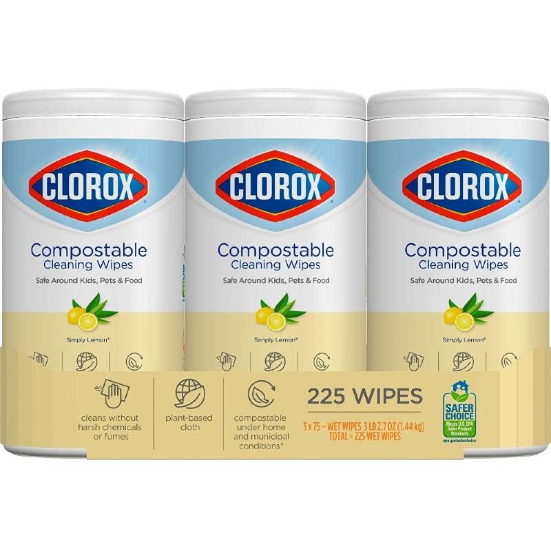 除菌 消毒ワイパー レモン 75枚 3個セット ウエットティッシュ 99.99 細菌除去 Clorox Compostable Cleaning Wipes - All Purpose Wipes - Simply Lemon, 75 Count (Pack of 3)