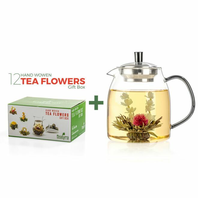 KX eB[|bg 900ml u[~OeB[ 12 Zbg Ԓ Mtg Tealyra - 12 pcs Blooming Tea and 30.5-ounce Glass Teapot Set - 12 Variety Flavors of Finest Flowering Teas