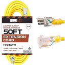 屋外用 延長コード 15m ケーブル 柔軟 耐候 除雪機 電動工具 Iron Forge Outdoor Lighted Extension Cord 50 Ft - 14/3 SJTW Heavy Duty 15 AMP Yellow Extension Cable with 3 Prong Grounded Safety Plug