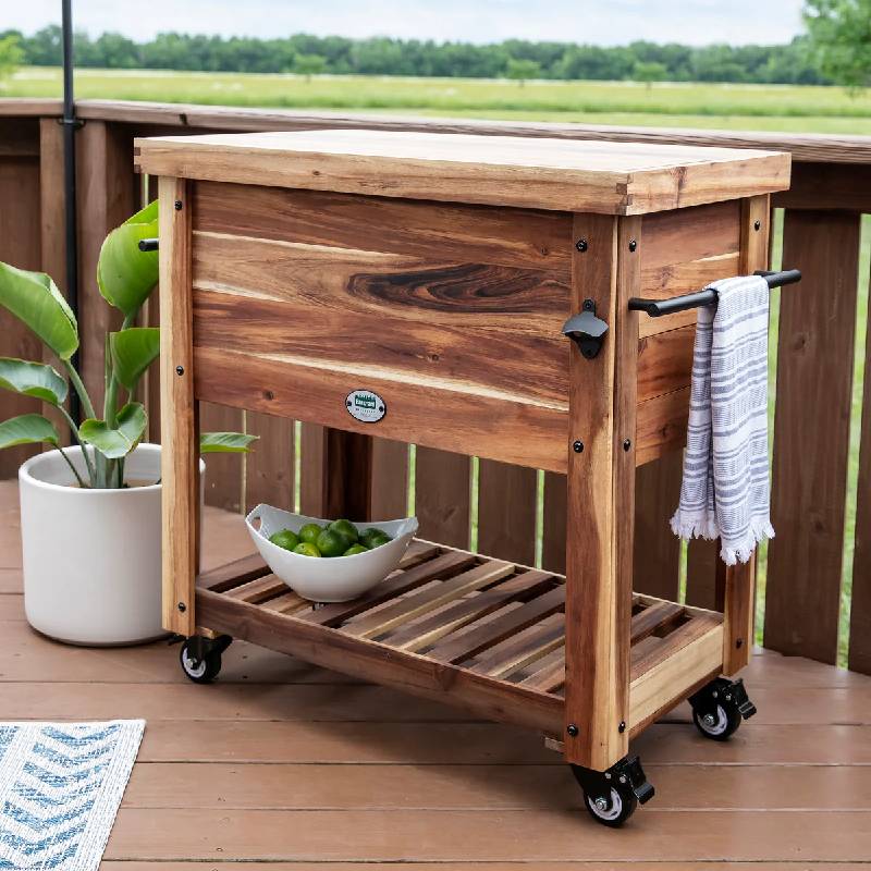 カート型 クーラーボックス キャスター 栓抜きBackyard Discovery Outdoor Cooler in Acacia Wood with Soft Liner 2204010COM