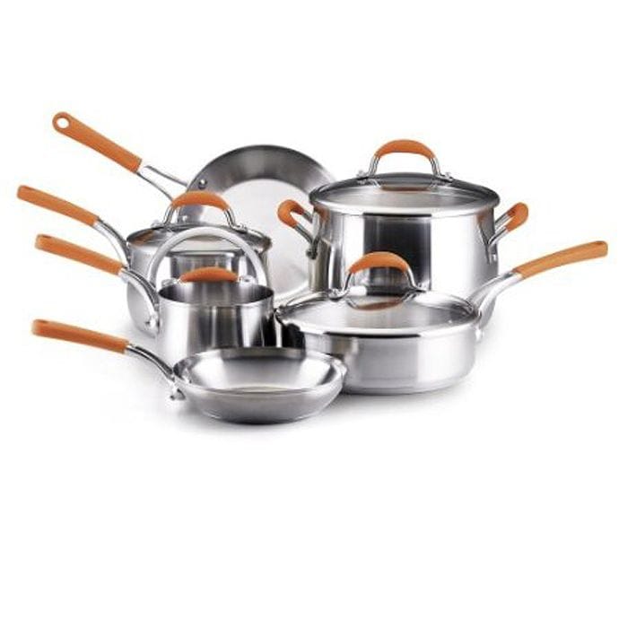 レイチェルレイ ステンレススチール 10ピース調理器具セット(鍋 フライパン) オレンジ Rachael Ray Stainless Steel 10-Piece Cookware Set Orange