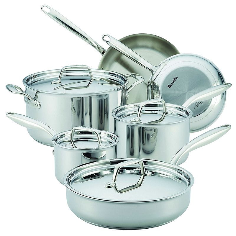 ブレビル サーマルクラッド ステンレス フライパン 鍋 10点セット Breville 10 Piece Thermal Pro Clad Cookware Set, Large, Stainless Steel