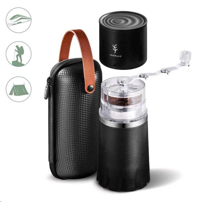 コーヒーミル＆メーカー 豆挽き付 コーヒーメーカー ブラック ケース付 Soulhand Portable Coffee Grinder Set,Manual Coffee Grinder with Adjustable Ceramic Burr and Foldable Hand Crank, All -in-One Coffee Maker (with Storage bag -Black）