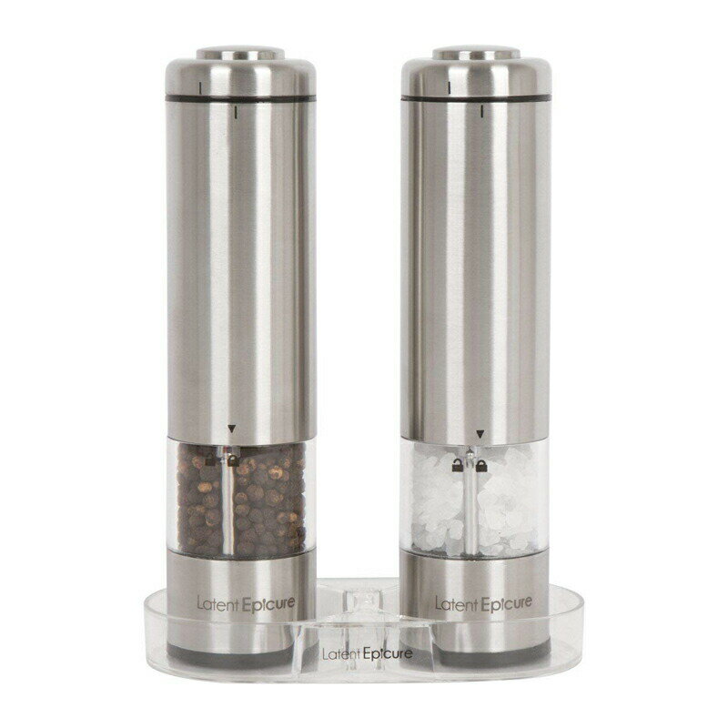 電池式 電動ソルト＆ペッパーセット ライト付き ステンレス レストラン カフェ Latent Epicure Battery Operated Salt and Pepper Grinder Set Complimentary Mill Rest LED Light Adjustable Coarseness 家電