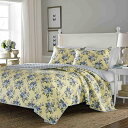 ローラアシュレイ キルト 枕カバーセット リバーシブル コットン 花柄 バラ ストライプ イエロー ブルー Laura Ashley Linley Quilt Set