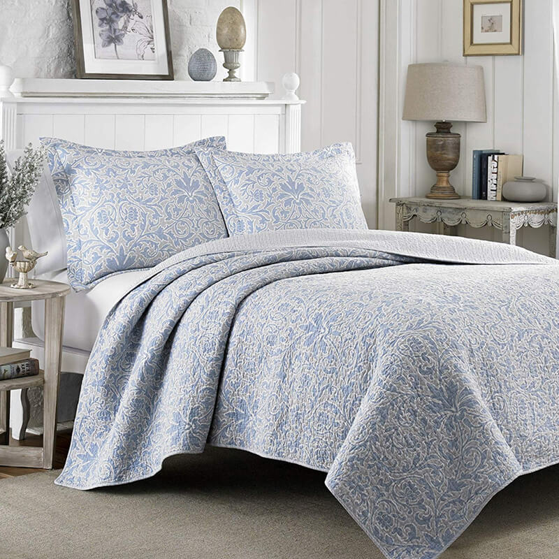 ローラアシュレイ キルト 枕カバーセット リバーシブル コットン 花柄 ブルー グレー Laura Ashley Mia Quilt Set, Pebble