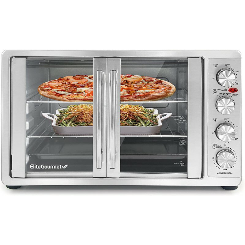 傫 RxNV I[u 45L e t`hA XeX ɓ39cm eBT[ Elite Gourmet ETO-4510M Double French Door Countertop Convection Toaster Oven, Bake Broil Toast Rotisserie Keep Warm 2 Racks, 45 L, Stainless Steel & Black Ɠd