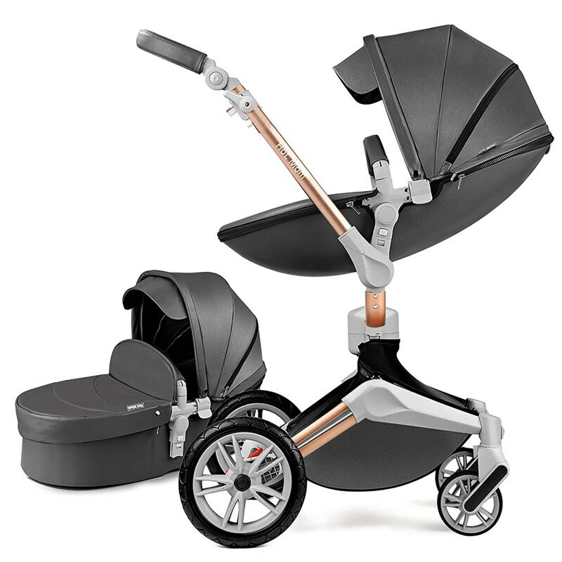 ٥ӡ ξ̼ Хͥå ɿPU쥶  ۥåȥޥ Baby Stroller 360 Rotation Function,Hot Mom Baby Carriage Pu Leather with Carrycot Pushchair Pram 2020,Dark Grey