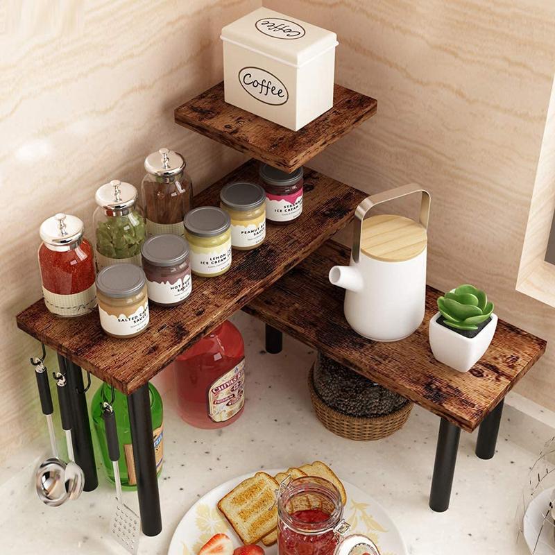 コーナーシェルフ 3段 ウッド 木製 棚 ディスプレイ オーガナイザー Homode Newly Upgraded Corner Shelf, 3 Tier Kitchen Counter Organizer, Storage Rack Shelves for Bathroom, Living Room, Wood and Metal Accent, Rustic Brown