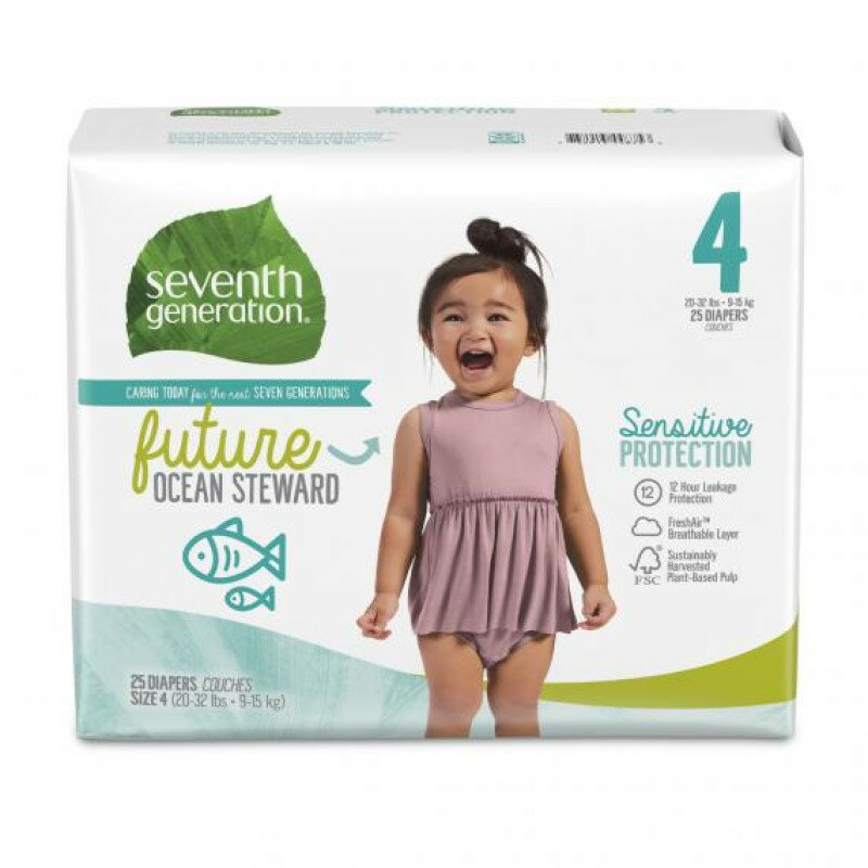 おむつ セブンスジェネレーション 9-15kg向け 25枚 2個セット 敏感肌用 男女共用 無香料 Seventh Generation Baby Diapers, Size 4, 25 count for Sensitive Skin (Packaging May Vary)