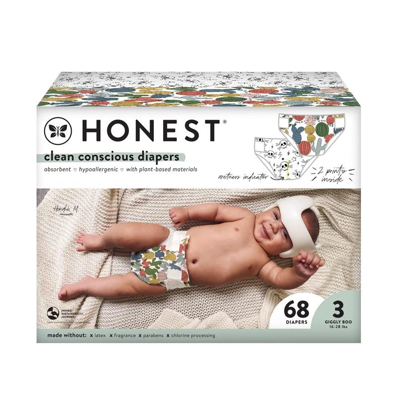 紙おむつ 68枚入 体重7～13kg 交換サイン The Honest Company Clean Conscious Diapers, Cactus Cuties + Skulls, Size 3, 68 Count Club Box