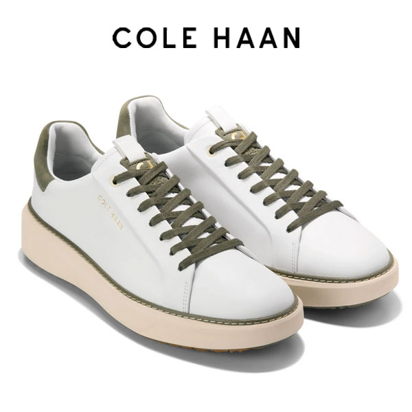 COLE HAANとは コールハーンは1928年に誕生して以来、 信念を持って行動する人々が 卓越したパフォーマンスを発揮できるために アメリカン・クラフトマンシップと限界を超える イノベーションを融合し、常にパフォーマンスを高める 製品を提供し続けています。 ●グランドプロ トップスピン ゴルフ いつものお気に入りスニーカーでグリーンの上でも絶好調。 グランドプロ トップスピンのゴルフシューズモデルは、 スタイリッシュなデザインに革新的な高機能テクノロジーを搭載、 スタイルとパフォーマンスの完璧なバランスを実現しています。 ウォータープルーフレザーのアッパーと 極上のSUPER FEELクッションが、 コースの上でもアフターでも続く快適な履き心地をキープします。 グランプロ トップスピンにインスパイアされた アウトソールのデザインは、全方向からスイングを 安定させるフルレングスのスパイクレスラバートラクションです。 ●並行輸入商品 ●ワイズ：W ●アッパー素材: 牛革 ライニング素材: ファブリック アウトソール素材: ラバー ●テクノロジー：GRAND OS