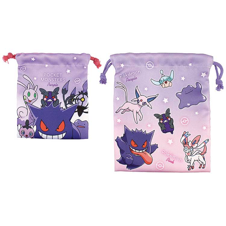 ポケットモンスター 2P巾着セット パープル &ピンク 225309 グラデーション pokemon ポケモン ゲンガー メタモン ニンフィア ミブリムエーフィ?のサムネイル