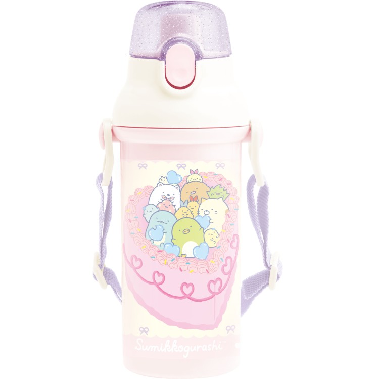 すみっコぐらし ダイレクト水筒480ml ランチマーケット カラフルケーキ柄 ワンプッシュ 直飲み ショルダー紐付 パープル 食洗機対応