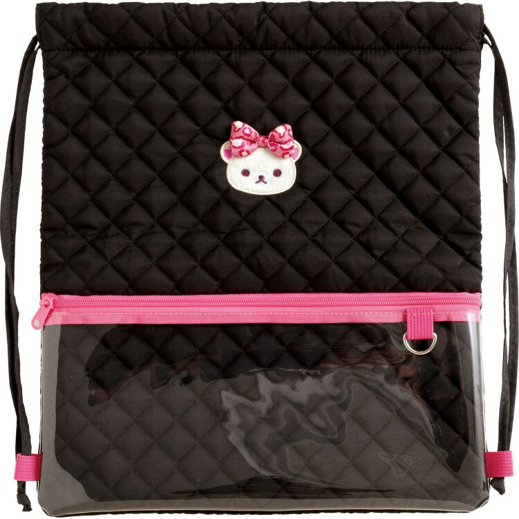 乐天商城 - 【4月中旬以降〜出荷】リラックマ ナップサック ヒョウ コリラックマいっぱい 巾着リュック 体操着入れ クリアポケット付 Dカン付 ブラック ヒョウ柄リボン