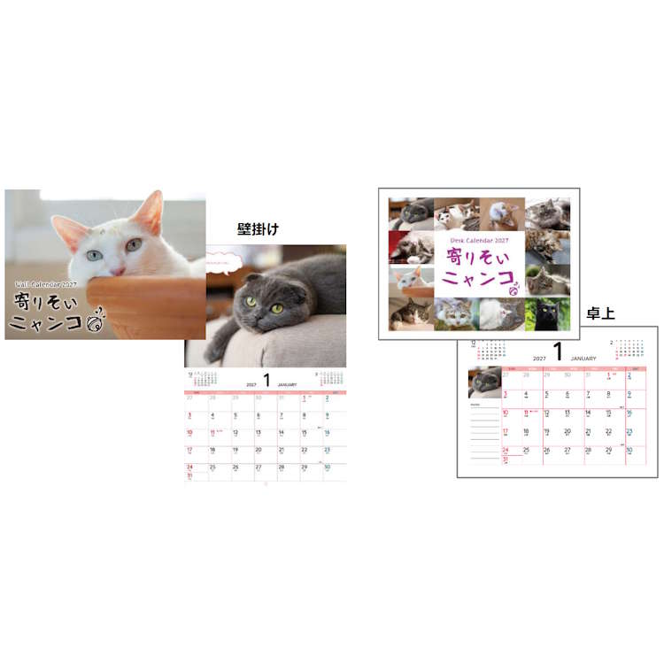 寄りそいニャンコ 2027年カレンダー 壁掛け&卓上 W&Dカレンダー2027 日曜始まり