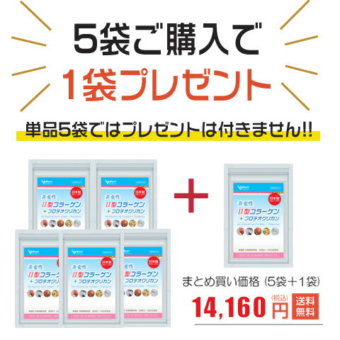 2型コラーゲン 5袋＋1袋付 国産 送料無料 関節 軟骨 サプリ プロテオグリカン グルコサミン コンドロイチン 膝 ひざ 関節 骨密度 骨量 筋肉 更年