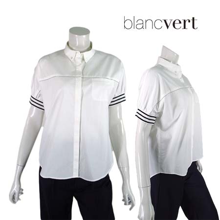【春夏物】【半額以上セール】【クリアランス】【上代￥24,000の70％OFF】【正規取扱い】【あす楽】【送料無料】BLANC VERT【ブランベール】【レディース】袖リブストライプ綿100％ボタンダウン半袖シャツ・ブラウス・トップス/ホワイト×ブラック【サイズ38】【日本製】