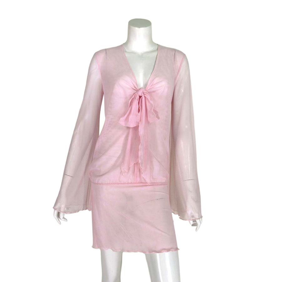 【定価￥118,000の70％OFF】【春夏物】【合い物】【半額以上セール】【正規取扱い】【送料無料】Blumarine【ブルマリン】【レディース】フロントリボン結びデザインチュール2枚仕立てチュニックワンピース/ベビーピンク【サイズ38/42】【イタリア製】