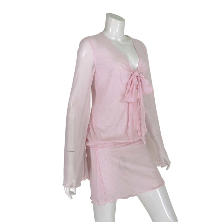 【定価￥118,000の70％OFF】【春夏物】【合い物】【半額以上セール】【正規取扱い】【送料無料】Blumarine【ブルマリン】【レディース】フロントリボン結びデザインチュール2枚仕立てチュニックワンピース/ベビーピンク【サイズ38/42】【イタリア製】