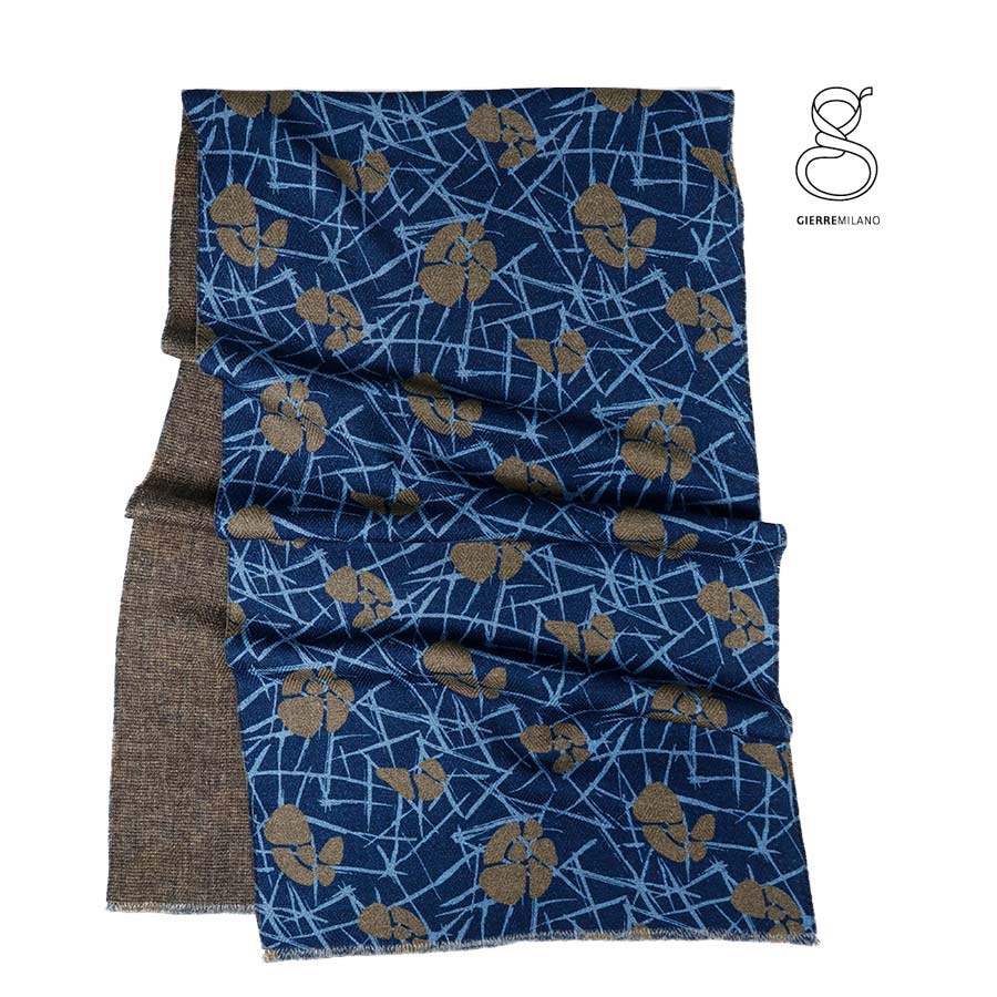 【定価¥22,000の30%OFF】【秋冬物】【SALE】【送料無料】GIERRE【ジエレ】【メンズ】ウール100%フラワー柄プリントストール・冬小物・マフラー/ブルー×ブラウン【イタリア製】