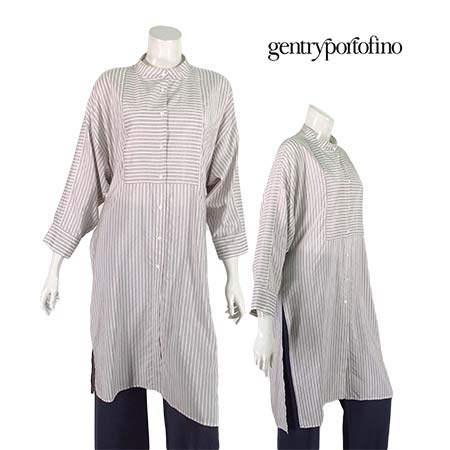 【春夏物】【半額以上セール】【プライスダウン】【上代￥175,000の70％OFF】【あす楽】Gentry Portofino【ジェントリーポルトフィーノ】【レディース】絹綿シルクコットンストライプ地ロングシャツワンピース/モカ×ホワイト【サイズ42】【イタリア製】