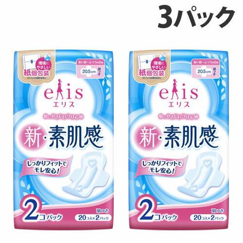 大王製紙 生理用ナプキン エリス 新・素肌感 羽つき 多い昼〜ふつうの日用 20.5cm 20枚入 2個セット×3パック 生活用品 生理用品 消耗品 elis