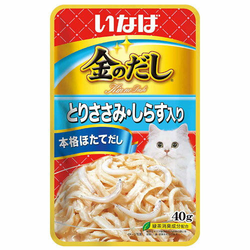 しらす入りのとりささみベースと、ほたて風味の本格だしで香り豊かに仕上げました。緑茶消臭成分配合で、腸管内の内容物の臭いを吸着し、糞尿臭を和らげます。ビタミンE配合です。【保証成分】たんぱく質10.0％以上、脂質0.5％以上、粗繊維0.1％以下、灰分1.2％以下、水分88.0％以下、約26kcal/袋■商品詳細メーカー名：いなばペットフードシリーズ名：金のだし内容量：40g分類：猫用一般食原産国または製造地：中国原材料：鶏肉(ささみ)、しらす、でん粉、ほたてエキス、寒天、増粘多糖類、ビタミンE、緑茶エキス、紅麹色素購入単位：1個配送種別：在庫品※リニューアルに伴いパッケージや商品名等が予告なく変更される場合がございますが、予めご了承ください。※モニターの発色具合により色合いが異なる場合がございます。【検索用キーワード】4901133853630 PE4649 いなばペットフード いなば イナバ INABA Inaba 金のだし パウチ 金のだしパウチ きんのだし とりささみ ささみ ササミ ささ身 鶏ささみ トリササミ しらす入り シラス入り しらす入 シラス入 しらす シラス 40g QCR-73 qcr-73 キャットフード ペットフード 猫 ねこ ネコ 猫用 ネコ用 ねこ用 成猫 ウェットフード ウエットフード ごはん ご飯 餌 エサ ゼリー ペット ペット用