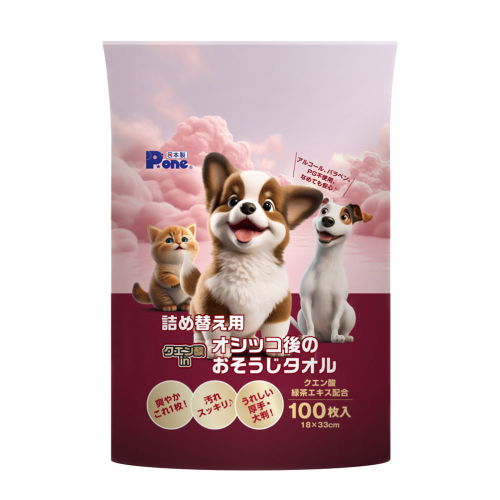 クエン酸と緑茶エキスがおしっこ臭を抑える、おそうじタオルの詰替用です。広い範囲をおそうじできる、厚手で大判＆うれしい大容量タイプ。アルコール、パラベン、PG不使用だから舐めても安心！■商品詳細メーカー名：第一衛材シリーズ名：P.one内容量：100枚入シートサイズ：18×33cm成分：水、イソペンチルジオール、ポリアミノプロピルビグアニド、ベンザルコニウムクロリド、ブチルカルバミン酸ヨウ化プロピニル、クエン酸、クエン酸Na、ポリソルベート20、茶葉エキス、ヒアルロン酸Na購入単位：1個配送種別：在庫品※リニューアルに伴いパッケージや商品名等が予告なく変更される場合がございますが、予めご了承ください。※モニターの発色具合により色合いが異なる場合がございます。【検索用キーワード】4904601999663 PE7008 第一衛材 ペット用ウェットシート P.one クエン酸 in オシッコ後のおそうじタオル 詰め替え 100枚入 PWT-779 詰替 つめかえ ペット用 ウェット シート ウエット タオル お手入れシート お手入れ ボディシート 厚手 大判 破れにくい 涙やけ対策 肉球ケア お掃除 口まわり清拭 防災グッズ 大容量 アルコールフリー ノンアルコール 使い捨て 持ち運び 衛生用品 室内飼い向け 清潔 時短 経済的 財布に優しい やわらか素材 子犬対応 多頭飼い 業務用サイズ ノンパラベン PG不使用 消臭 掃除 おしっこ 尿 尿臭 クエン 緑茶エキス 臭い 臭いケア におい においケア 犬用 イヌ用 いぬ用 猫用 ネコ用 ねこ用
