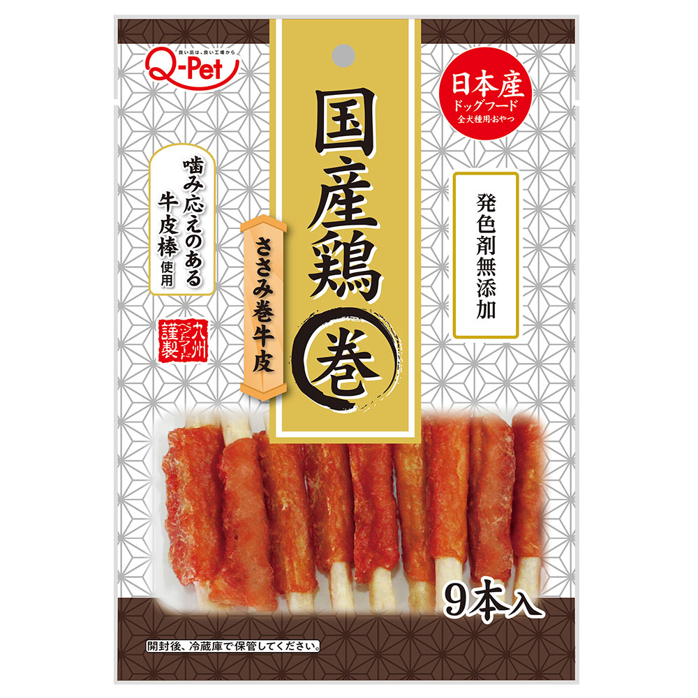 国産の鶏肉使用にこだわった犬用おやつ。噛み応えのある牛皮棒に、国産鶏のささみ肉を巻いています。小型犬やシニア犬でも食べやすい程よい大きさに仕上げました。着色料、発色剤不使用。【保証成分】たんぱく質37.5％以上、脂質2.0％以上、粗繊維1.5％以下、灰分3.0％以下、水分35.0％以下、235kcal/100g■商品詳細メーカー名：九州ペットフード内容量：9本分類：犬用おやつ原産国：日本原材料：チキン(ささみ含む)、米、牛皮粒、牛皮粉、グリセリン、トレハロース、保存料(ソルビン酸K)購入単位：1個配送種別：在庫品※歯の生えそろわない幼犬には与えないでください。※開封後は冷蔵庫で保管してください。※リニューアルに伴いパッケージや商品名等が予告なく変更される場合がございますが、予めご了承ください。※モニターの発色具合により色合いが異なる場合がございます。【検索用キーワード】4941605022898 PE7089 九州ペットフード Q-Pet 国産鶏ささみ巻 牛皮 9本入 キューペット 九州ペット 犬 犬用 ドッグフード 犬おやつ 犬用おやつ いぬ用おやつ イヌ用おやつ ドッグスナック ペットフード ペットおやつ 愛犬 国産 日本産 日本製 ご褒美 間食 小型犬 シニア犬 高齢犬 しつけ おやつタイム 食べやすい やわらか 噛みごたえ 香り 風味 食感 チキン 鶏 鶏ささみ ささみ ガム 巻きおやつ ささみ巻き 鶏ささみ巻き ササミ ササミ巻き 鶏ササミ 鶏ササミ巻き ささ身 ささ身巻き 鶏ささ身 鶏ささ身巻き 犬用間食 ドッグトリーツ ペット用品 犬用品 食いつき 発色剤 着色料 不使用 与えやすい ごほうび ペット おやつ
