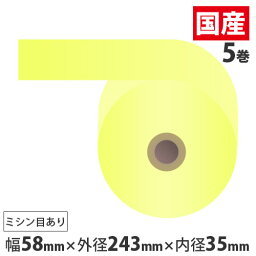 感熱紙券売機用ロール 裏巻 58×243×35mm イエロー ミシン目あり 5巻 （ノーマル・5年保存）【代引不可】【送料無料（一部地域除く）】