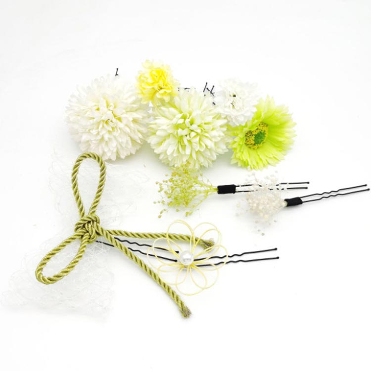 Uピン お花 造花 紐 水引 赤 【送料無料】成人式 チュール 和装 パール 卒業式 菊 リボン 白 髪飾り 紫 振袖 袴 かんざし ボリューム ヘッドドレス ウェディング 9点セット お花 七五三 着物 和風 和婚 結婚式