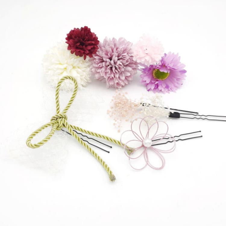 Uピン お花 造花 紐 水引 赤 【送料無料】成人式 チュール 和装 パール 卒業式 菊 リボン 白 髪飾り 紫 振袖 袴 かんざし ボリューム ヘッドドレス ウェディング 9点セット お花 七五三 着物 和風 和婚 結婚式