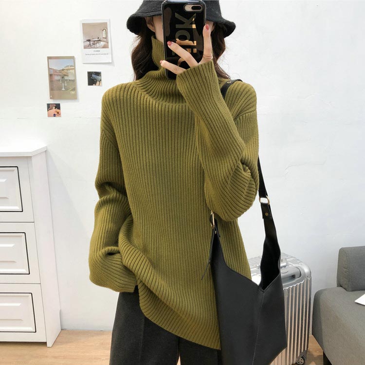 ニットトップス セーター ハイネック ロング丈 プルオーバー ニットセーター シン...