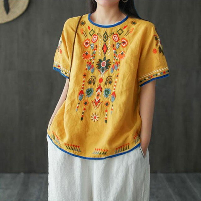 涼しい 綿麻 Tシャツ tシャツ リネン プルオーバー アジアン ナチュラル 刺繍 トッ...