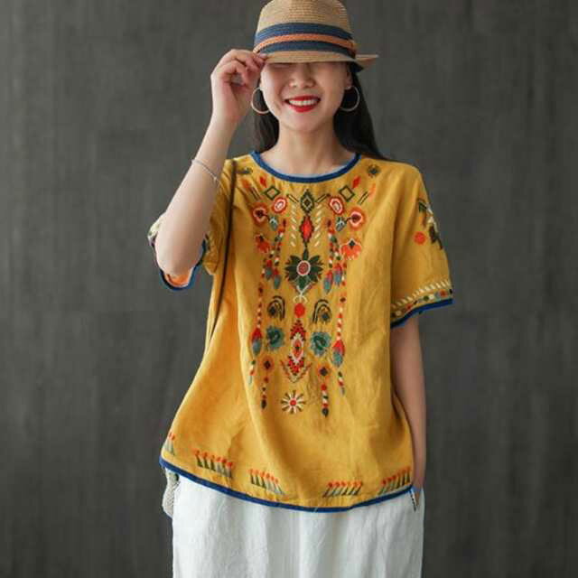 涼しい 綿麻 Tシャツ tシャツ リネン プルオーバー アジアン ナチュラル 刺繍 トッ...